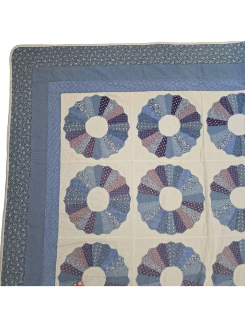 Vintage Handmade Blue Floral Dresden Plate Quilt 79 x 93